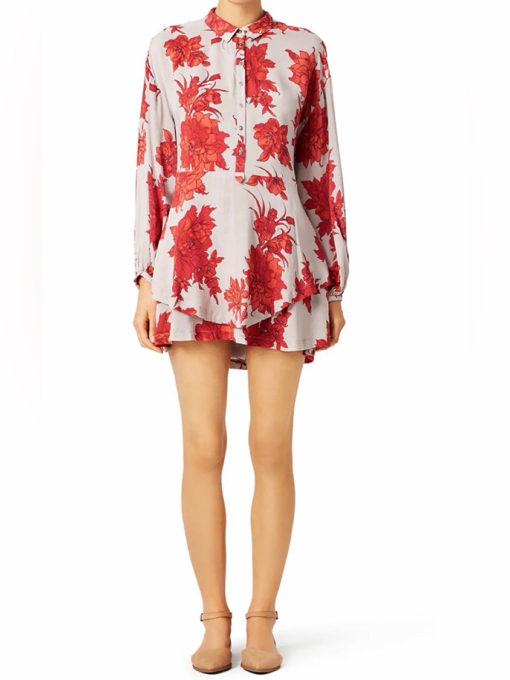 Free People Red Floral Button-Front Mini Dress Size S
